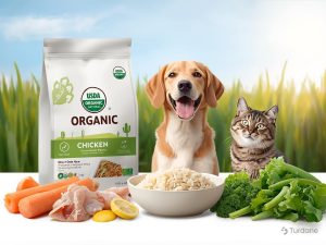 A happy dog and a cat sitting beside a bag of USDA Organic Natural chicken pet food, surrounded by fresh ingredients like carrots, chicken, rice, lemon, and green vegetables, with a sunny field in the background.