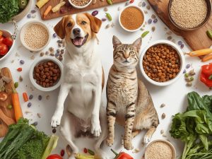 Happy dog and cat with organic pet food, fresh vegetables, and grains on a white background.
