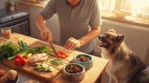 Homemade organic pet food with fresh vegetables, chicken, and grains prepared for a cat and dog.