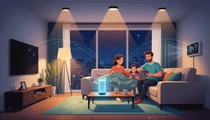 connected home night,smart home ambiance,WiFi home lighting,serene smart environment,home automation nighttime