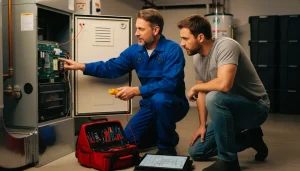 HVAC professional helping homeowner fix Ecobee thermostat issue