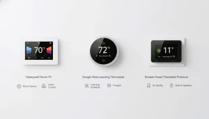 Ecobee vs Nest vs Honeywell smart thermostat comparison,Smart thermostat comparison chart Ecobee Premium vs Nest,Ecobee Smart Thermostat Premium compared with competitors,Smart thermostat brands side by side product lineup,Ecobee vs Nest vs Honeywell thermostat performance overview