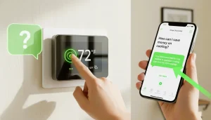 User exploring Ecobee Smart Thermostat Premium FAQs,Ecobee thermostat setup troubleshooting visual,Common questions about Ecobee Smart Thermostat Premium,Smart thermostat user guide and support image,Ecobee app showing thermostat settings and help section