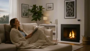 Happy homeowner using Ecobee Smart Thermostat Premium, modern smart home comfort with Ecobee thermostat,Ecobee Smart Thermostat Premium final review image, smart thermostat delivering comfort and energy savings, Ecobee Smart Thermostat Premium in modern living space