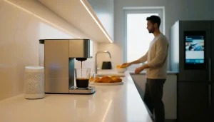 Smart Home Technology automating daily routines with connected lights, kitchen appliances, and voice assistants