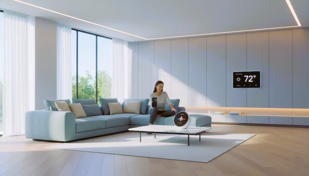 Best Smart Home Devices, Smart home automation switches, Best home control devices, Best home automation devices, Smart home automation devices, A modern living room with smart lighting, a voice assistant, a smart thermostat controlled by a smartphone.