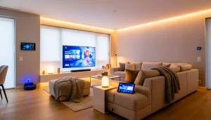 smart home interior with connected lighting devices.