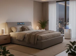 Affordable Smart Home Technology in a bedroom with smart bed, smart lighting, smart speaker, and smart air purifier.