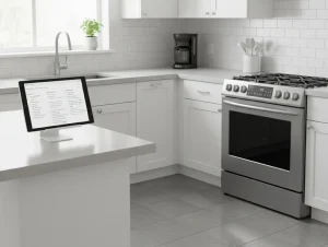 Affordable Smart Home Technology in a kitchen with smart oven, smart coffee maker, smart display, and robot vacuum