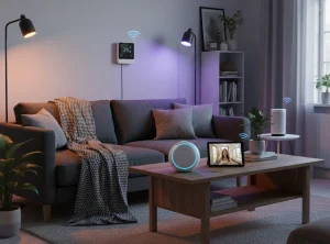 Affordable Smart Home Technology in a living room with smart speakers, smart display, smart bulbs, and smart thermostat.