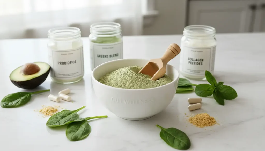 Powder supplements for gut health with probiotics, greens, and collagen on a bright table