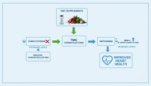 Diagram showing how TMG supports heart health by lowering homocysteine