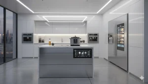 Smart kitchen showcasing the best smart home devices 2025, including connected coffee maker, smart oven, and Wi-Fi pressure cooker for easy cooking.