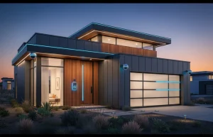 Modern home exterior equipped with the best smart home devices 2025, including AI security cameras, video doorbell, and smart locks for enhanced security.