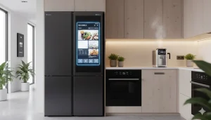 Modern best smart refrigerator with touchscreen and AI features in a 2025 connected kitchen.