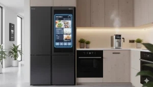 Close-up of best smart refrigerators touchscreen with grocery tracking and recipe suggestions in a 2025 kitchen.