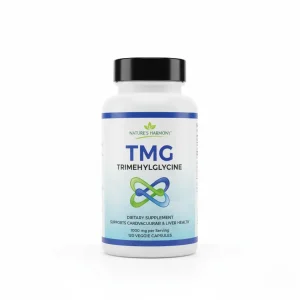 TMG supplement bottle with label on a white background