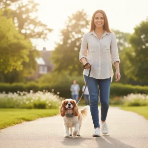 Dog walking calmly beside owner using training collar
