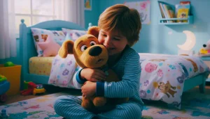 Smiling child holding a Max plush toy from The Secret Life of Pets movie.