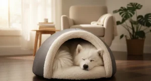 Small dog sleeping inside a classic hooded pet cave bed for warmth and comfort.