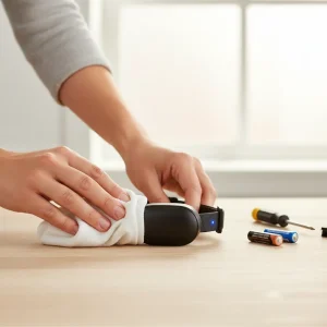 Cleaning dog’s collar with cloth and checking battery