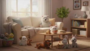 Cozy living room decorated with Pets toys arranged neatly on shelves and floor.