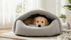 Cute puppy resting inside a pink cave-style hooded dog bed for warmth and comfort.