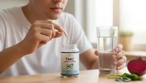 Person taking TMG supplement capsules with a glass of water