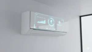 Illustration of a Wi-Fi connected air conditioner showing energy efficiency, eco mode, and smart home integration features.