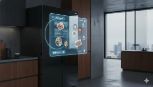Futuristic AI-powered best smart refrigerators with holographic display and voice control in a 2030 smart home.