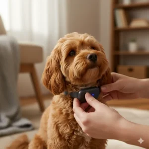 Owner checking the fit of a dog collar with two fingers