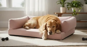 Large golden retriever resting comfortably on an orthopedic pink dog lounge bed.