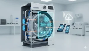 Diagram showing internal sensors, AI control panel, and app integration of a 2025 smart washing machine