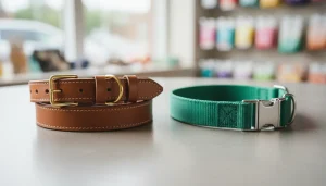 Comparison of leather roll collar and nylon dog collar side by side
