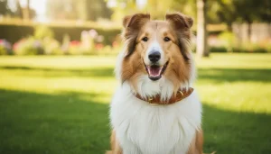 Long-haired dog wearing a rolled leather collar comfortably