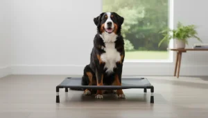 Large dog resting on a Miranda bed in a cozy home setup.
