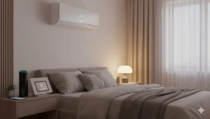A modern bedroom featuring a Wi-Fi connected smart air conditioner and smart home devices for comfort and control.