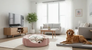 Modern living room interior featuring a stylish blush pink dog bed near a cozy sofa.