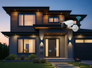 Smart home front yard showing must-have smart home devices like video doorbell, security camera, and motion lighting.