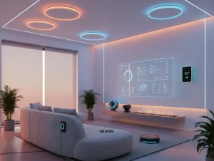 Modern living room showcasing must-have smart home devices like smart lighting, smart thermostat, and voice assistant.