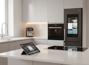 Modern kitchen featuring must-have smart home devices such as a smart refrigerator, coffee maker, and oven