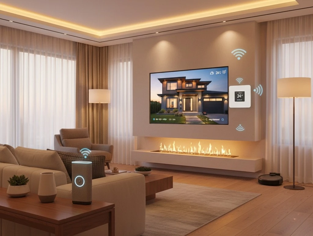 Modern home interior showcasing must-have smart home devices including smart lighting, thermostat, and voice assistant for every room.