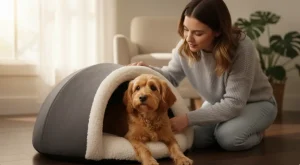 Owner gently helping dog settle inside a new cave bed.