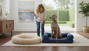 Dog owner rewarding a calm pet sitting beside a bed.
