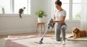 This image captures a stylish blush pink dog bed placed in a modern home interior. It blends pet comfort with home design aesthetics — perfect for articles highlighting fashionable and functional pink beds for dogs.