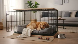 Dog resting comfortably on a cozy pet bed inside a dog crate with soft padding and a clean, inviting setup.