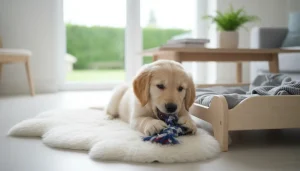 Playful puppy chewing a toy beside its chew-proof bed.