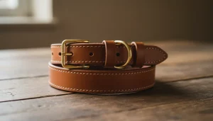 Close-up of a rolled leather dog collar showing texture and buckle