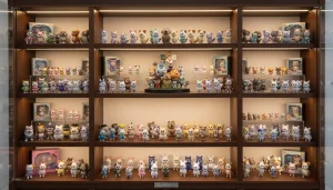 Colorful display of toys collectible figures arranged on a shelf.