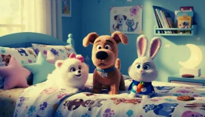 Group of Secret Life of Pets plush toys featuring characters like Max, Gidget, and Snowball.